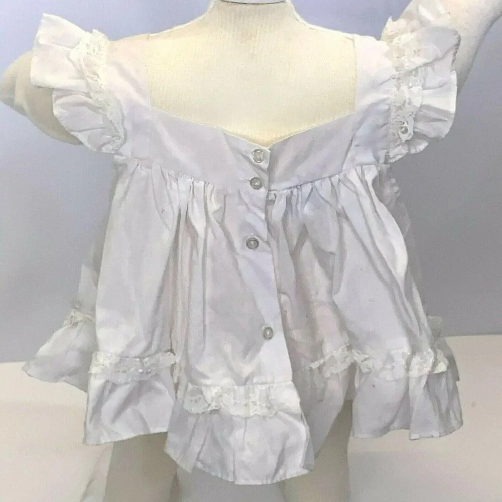 Vintage Infant Pinafore Circle Dress 12m White Floral Crochet Lace Ruffle Button